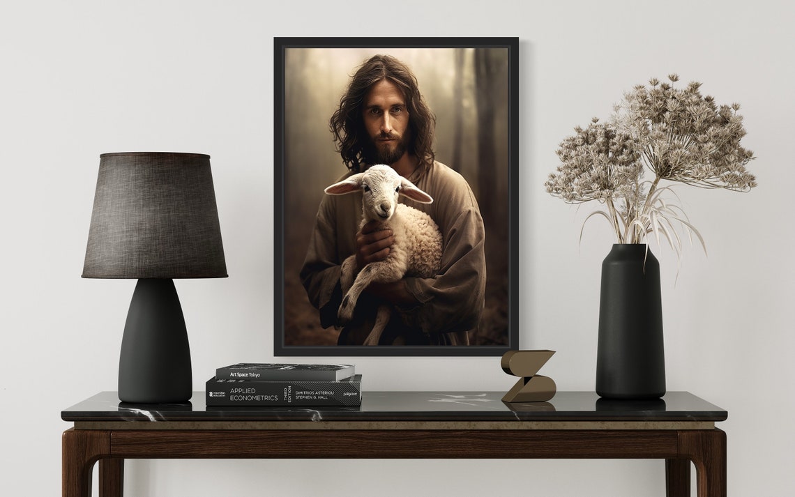 Jesus the Good Shepherd Cradling a Lamb in Misty Forest Poster - Image 2
