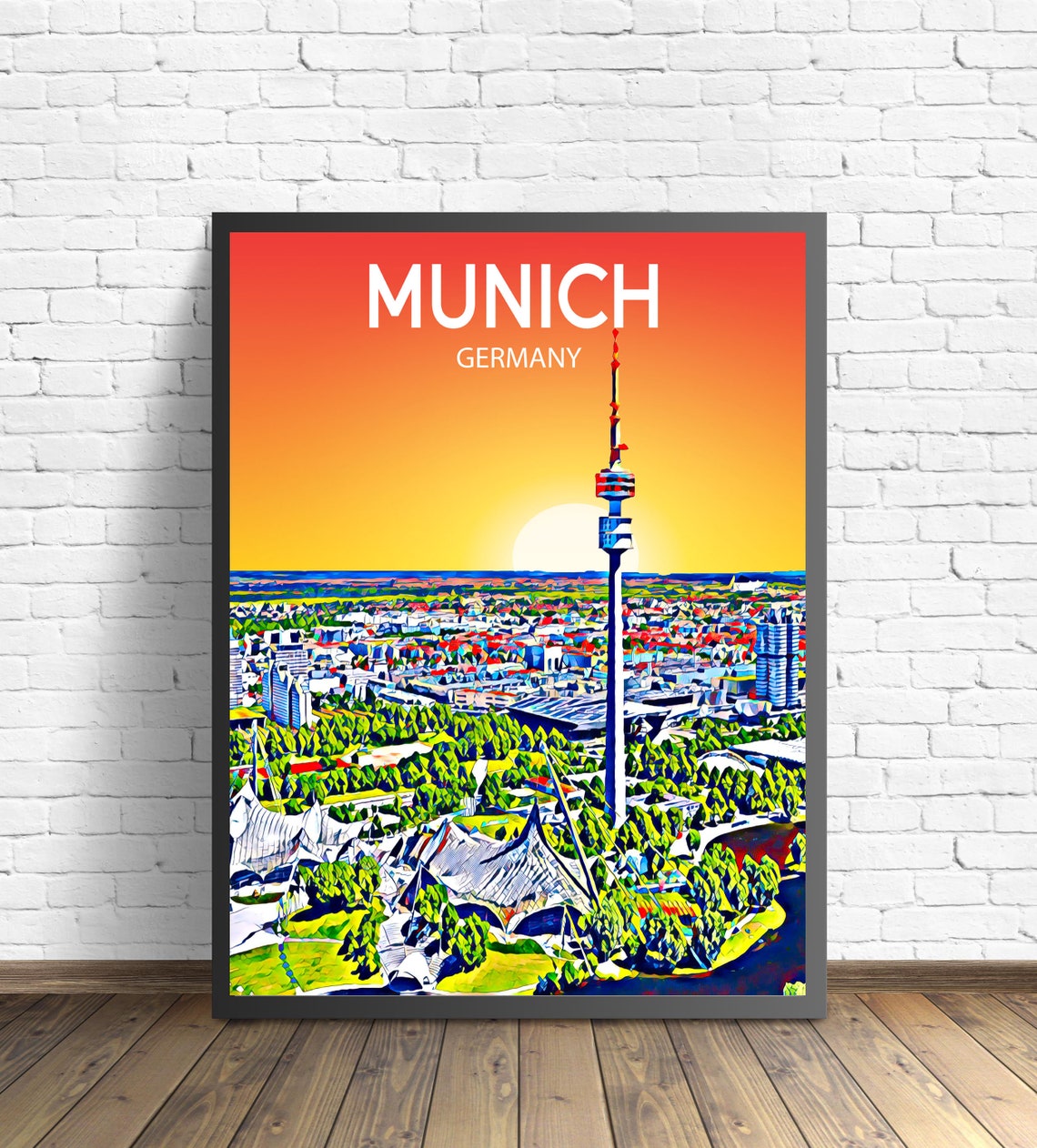 Munich Germany Olympiaturm Tower Park Sunset Skyline City Art Poster