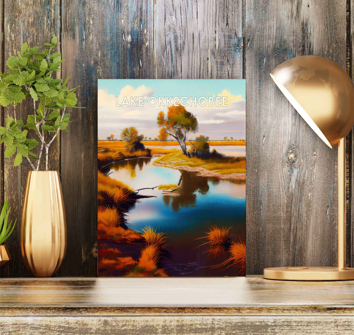 Lake Okeechobee Florida Golden Marsh Sunset Scene Retro Travel Poster - Image 2