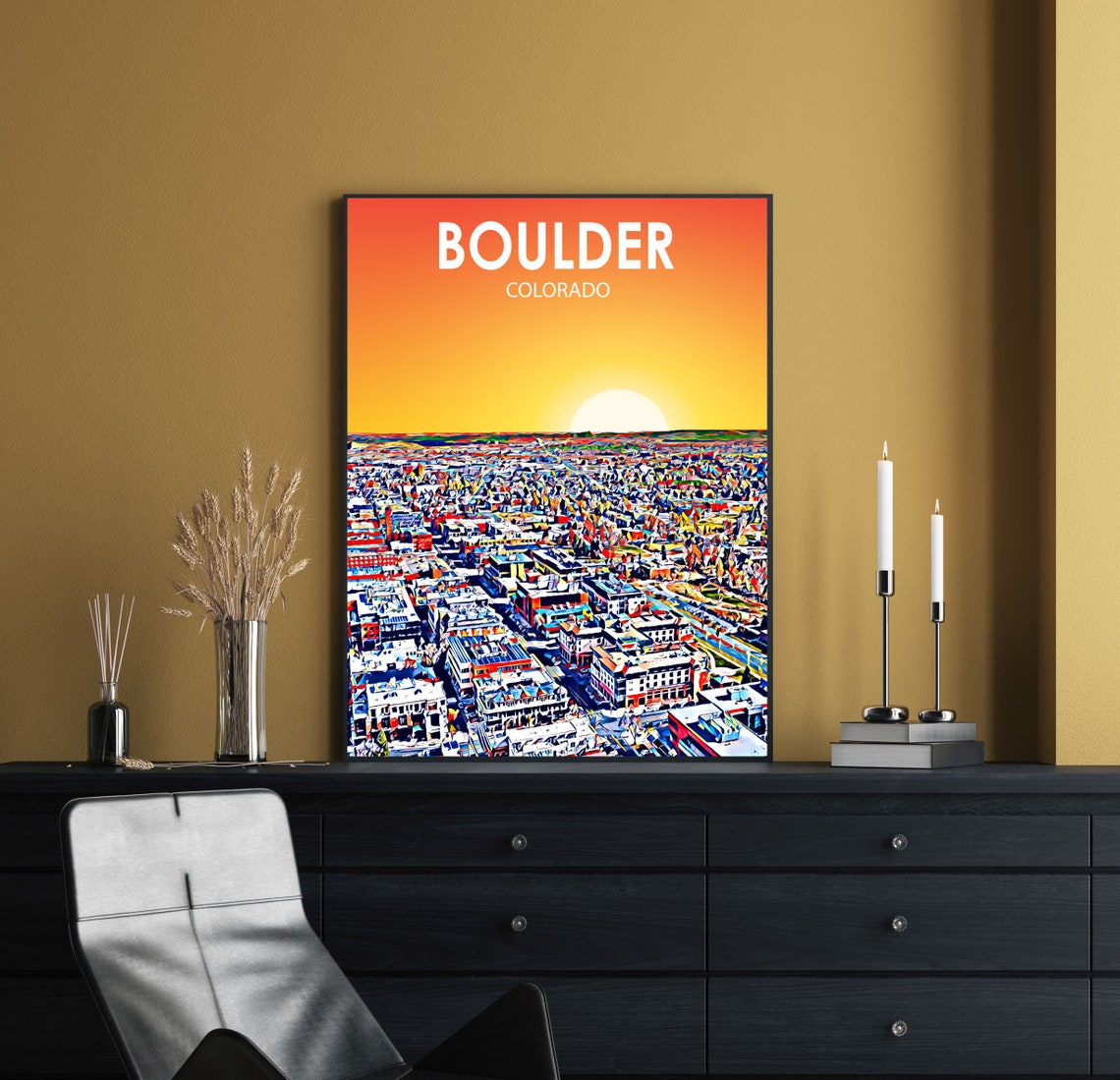 Boulder Colorado Sunset Cityscape Vibrant Pop Art Sketch Poster - Image 2
