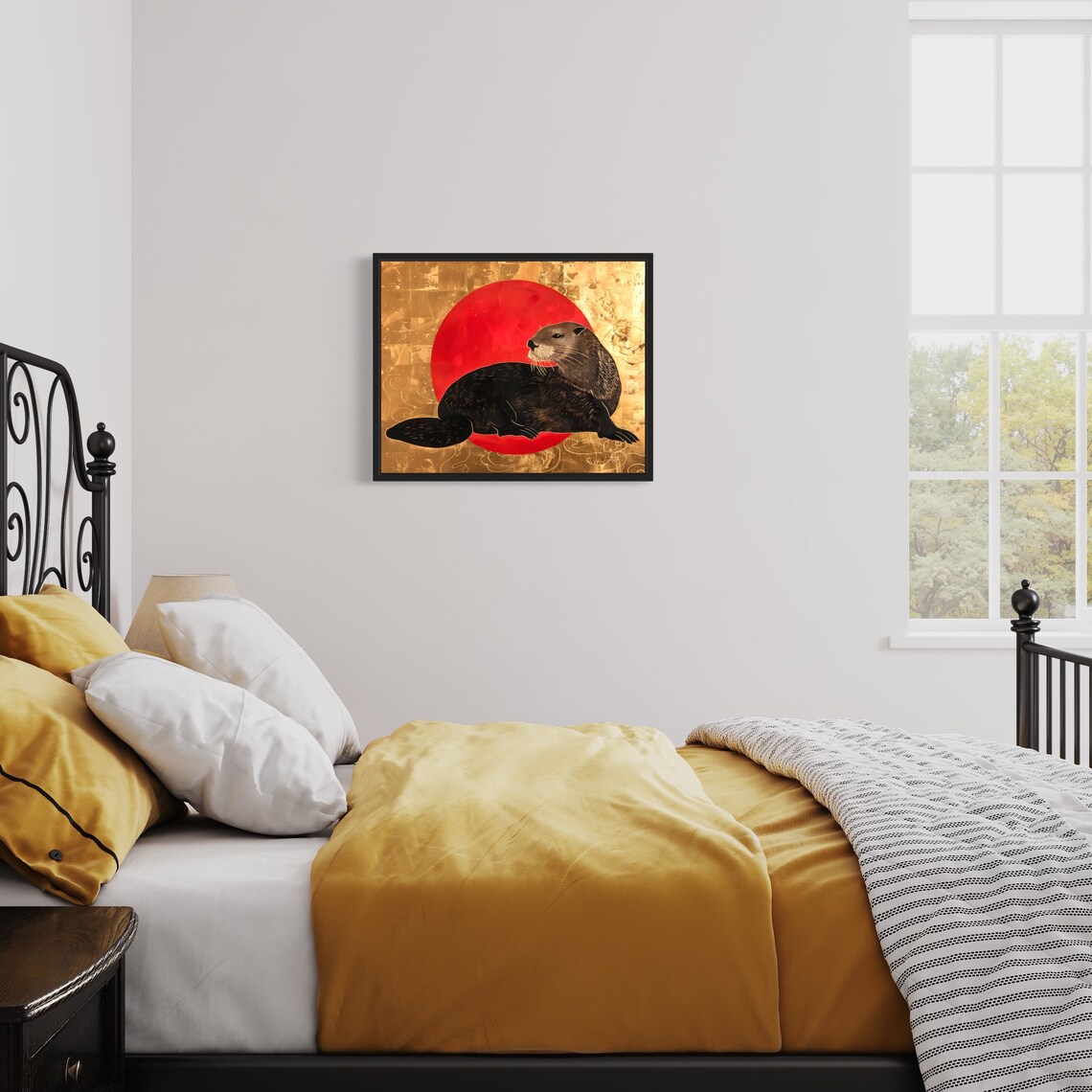 Sea Otter Art Print Red And Gold Wall Art Decoration Artwork - Image 3