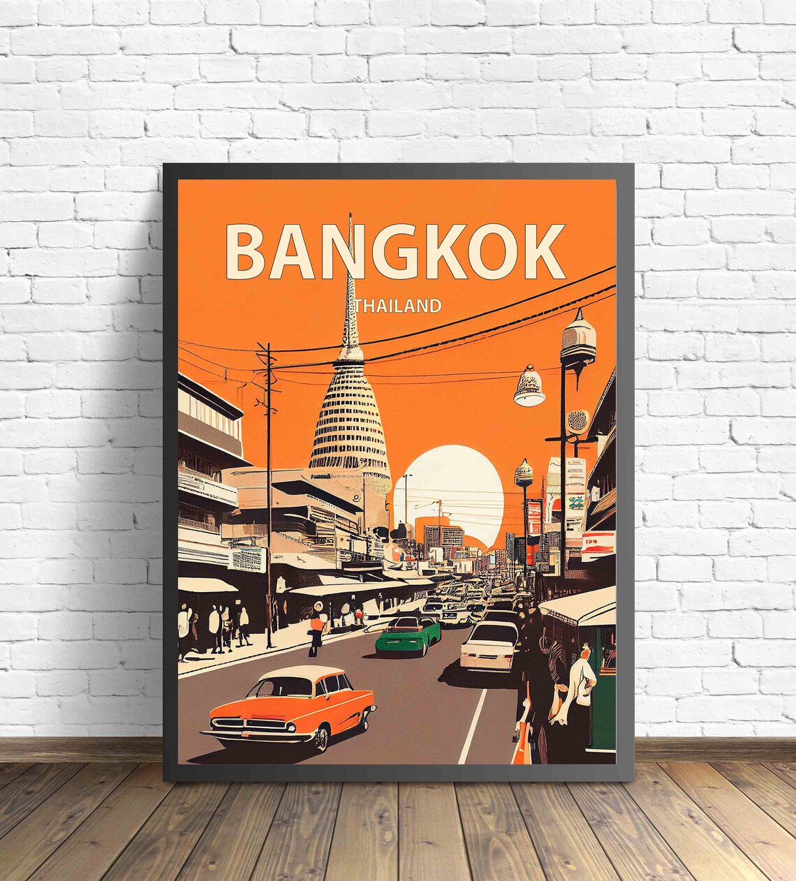 Bangkok Thailand Retro Sunset Street Vintage Cars Travel Poster