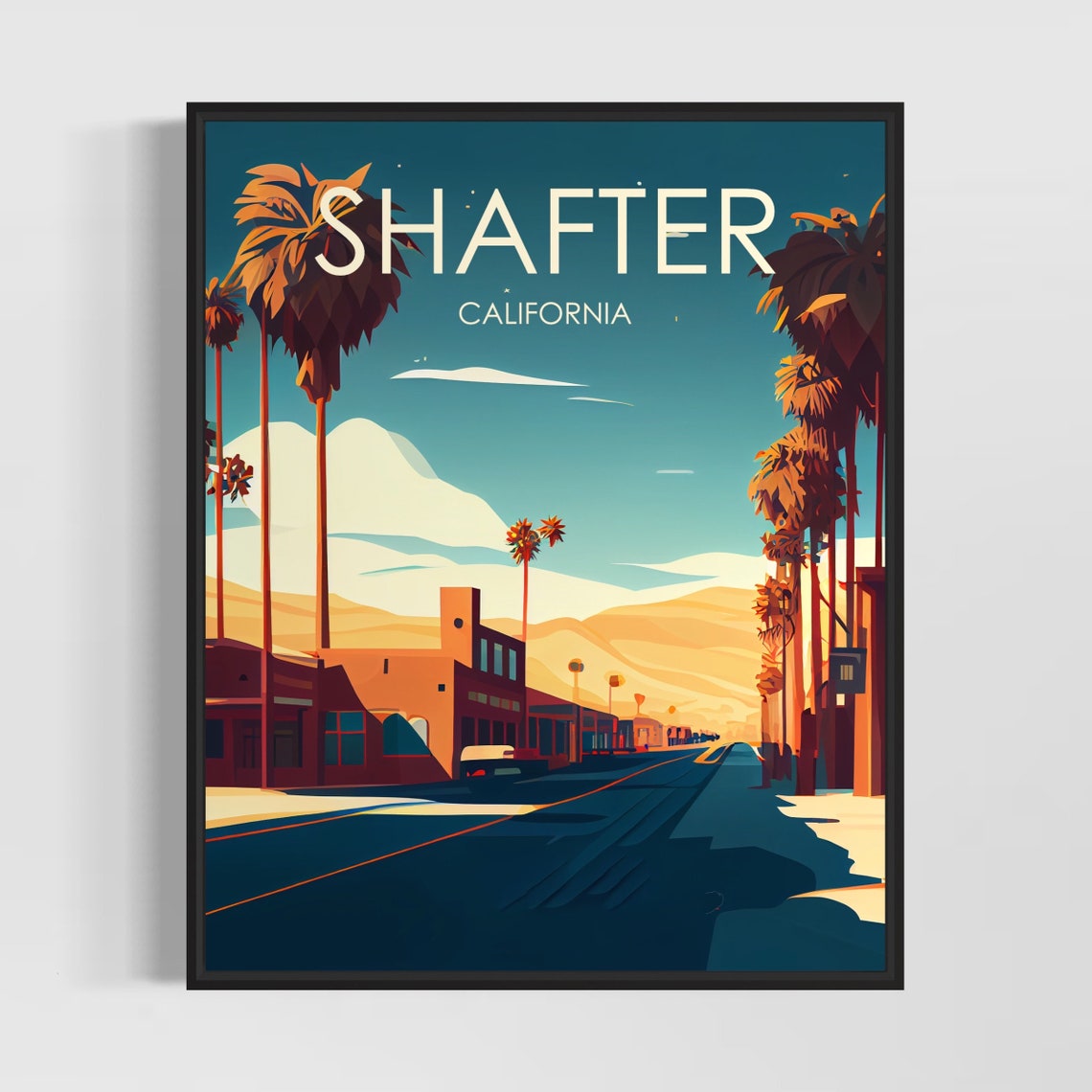 Shafter California Palm Lined Street Golden Sunset Poster Artwork