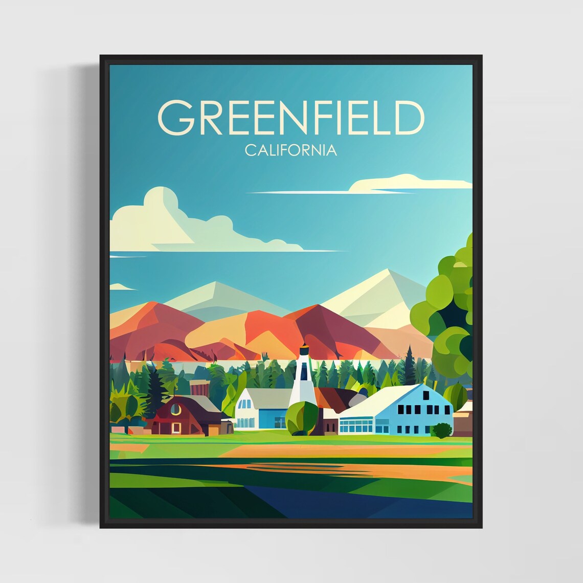Greenfield California Charming Farm Town Church Mountains Poster