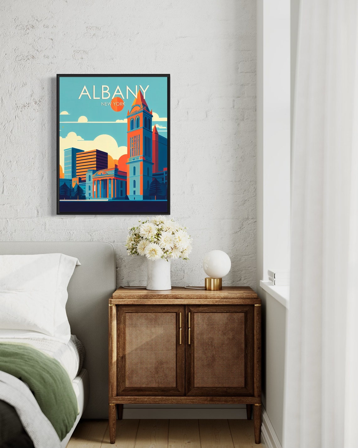 Albany New York Orange Sun Clock Tower Skyline Retro Travel Poster - Image 3