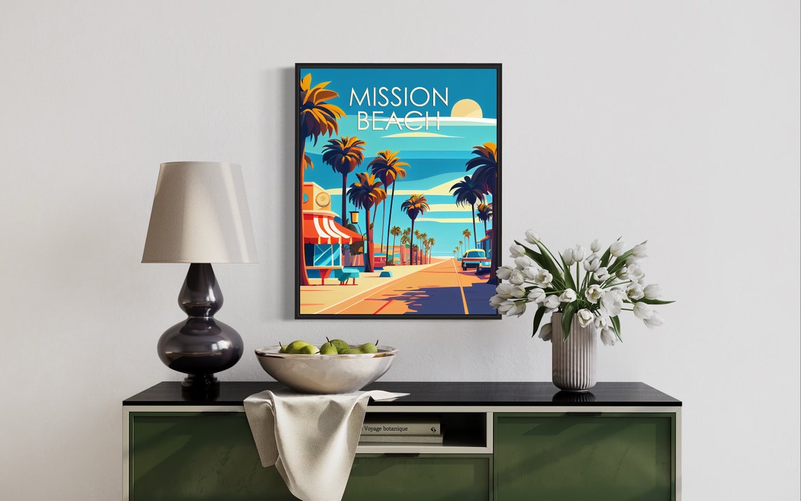 Mission Beach California Boardwalk Palm Sunset Travel Poster - Image 3