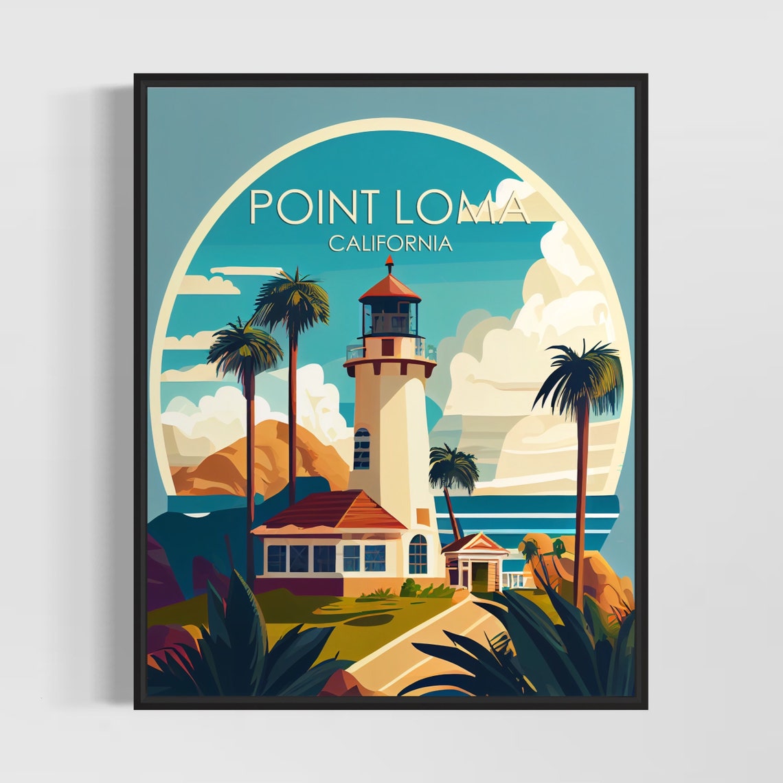 Point Loma California Poster with Historic Lighthouse and Palms