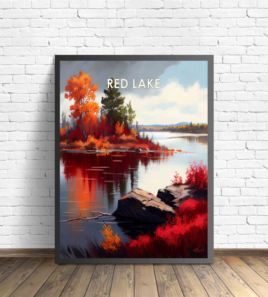 Red Lake Minnesota Retro Poster with Fiery Autumn Foliage by the Water