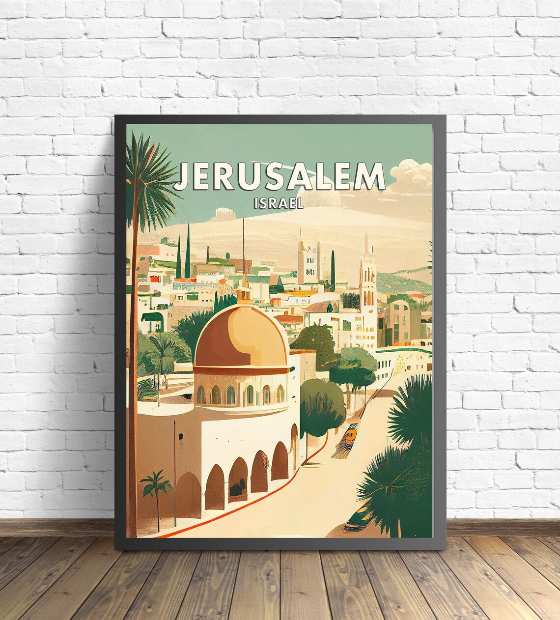 Jerusalem Israel Golden Dome Cityscape Retro Travel Scene Poster