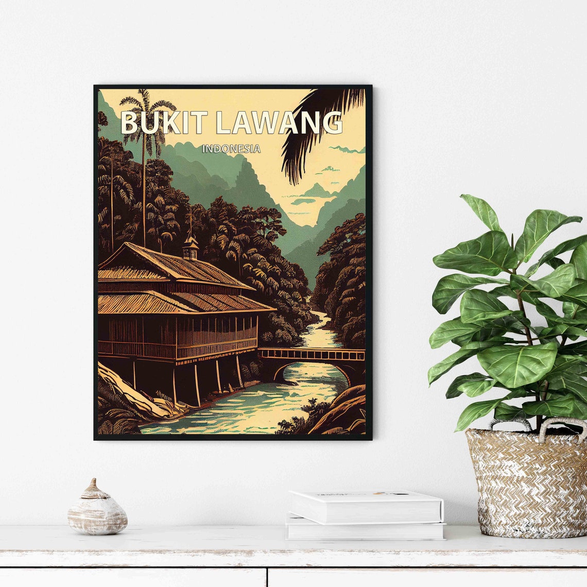 Bukit Lawang Indonesia Poster with Jungle River and Stilt House - Image 3