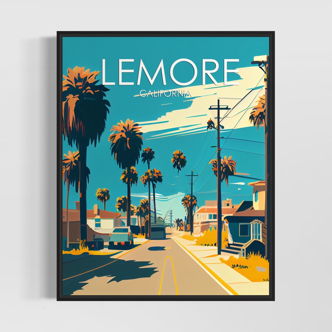 Lemore California Retro Palm Lined Street Vintage Travel Poster