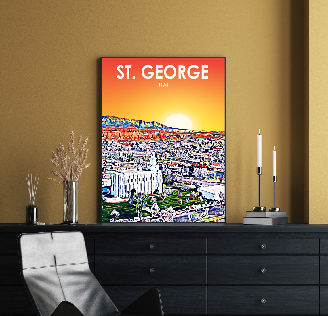 St. George Utah Sunset Red Rock Town Skyline Painted Scene Poster - Image 2