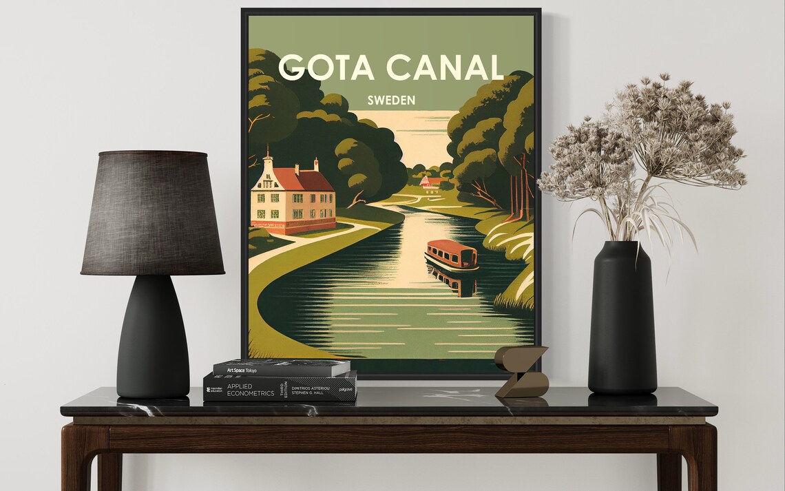 Gota Canal Sweden Boat Winding Through Green Countryside Poster - Image 3