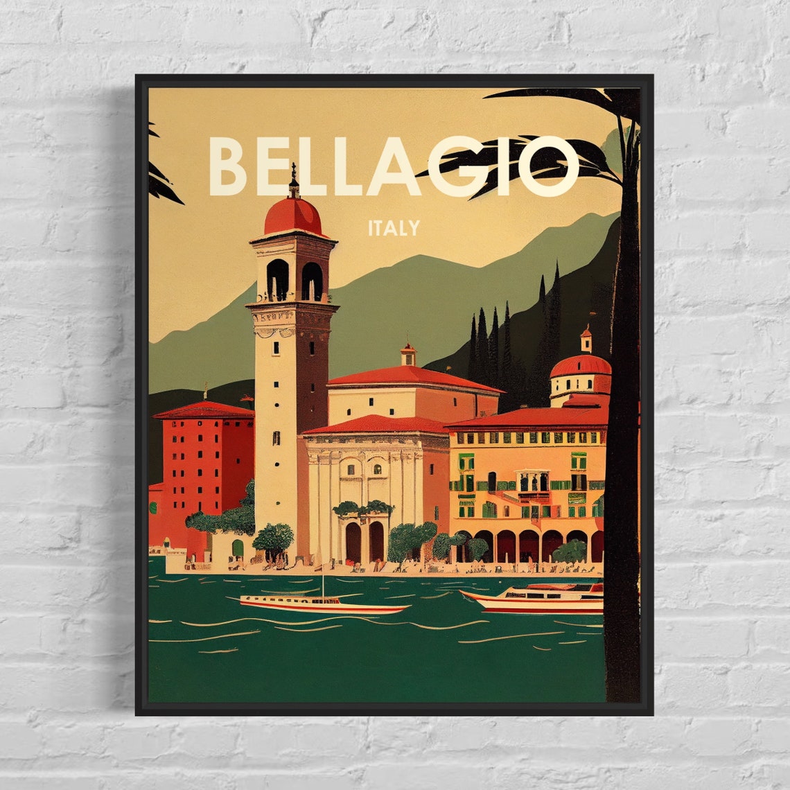 Bellagio Italy Poster with Lake Como Waterfront and Bell Tower