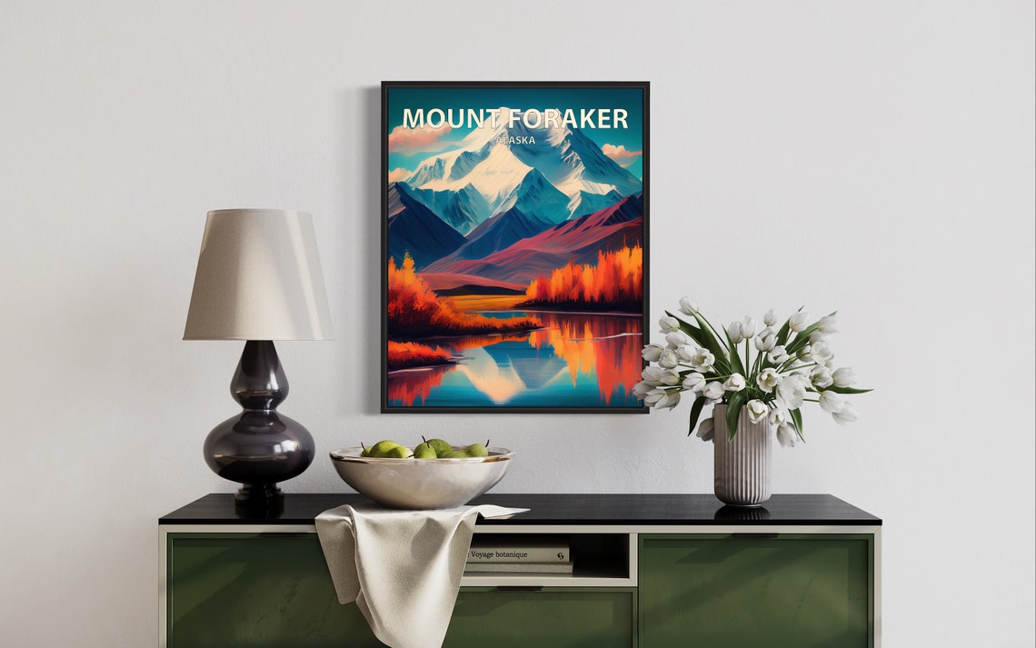 Mount Foraker Alaska Snowy Giant Lake Reflection Retro Travel Poster - Image 3