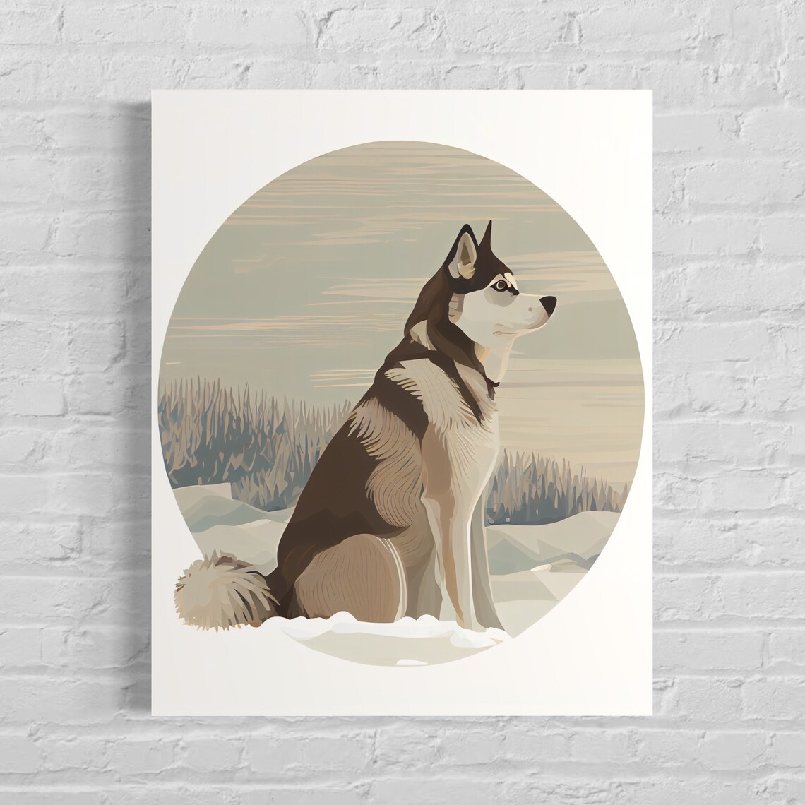Siberian Husky Winter Forest Portrait Circular Illustration Art Print