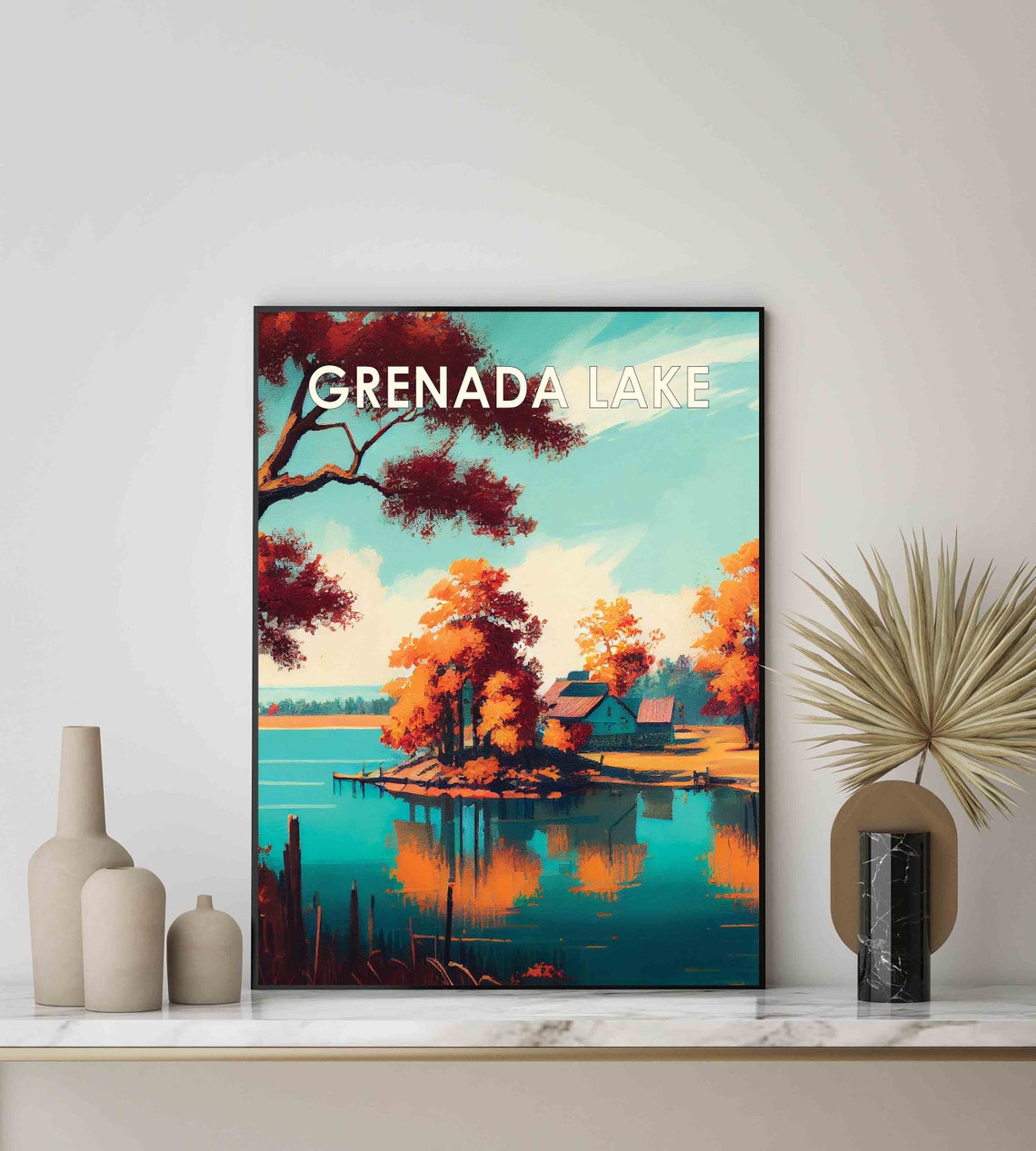Grenada Lake Autumn Shoreline Cabins Mirror Reflections Poster - Image 2