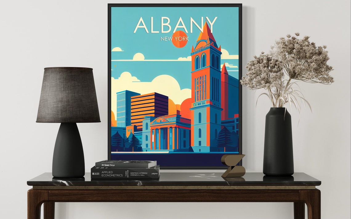 Albany New York Orange Sun Clock Tower Skyline Retro Travel Poster - Image 2