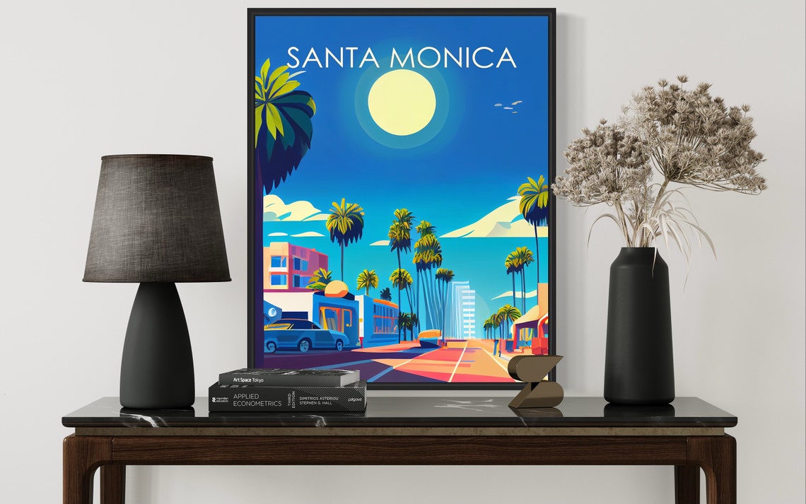 Santa Monica California Moonlit Palm Lined Street Retro Poster - Image 3