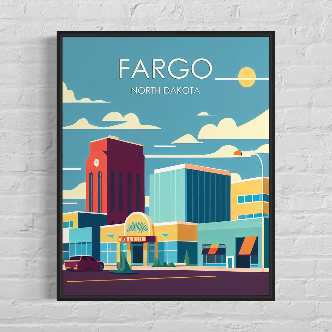 Fargo North Dakota Retro Downtown Skyline Vintage Travel Poster