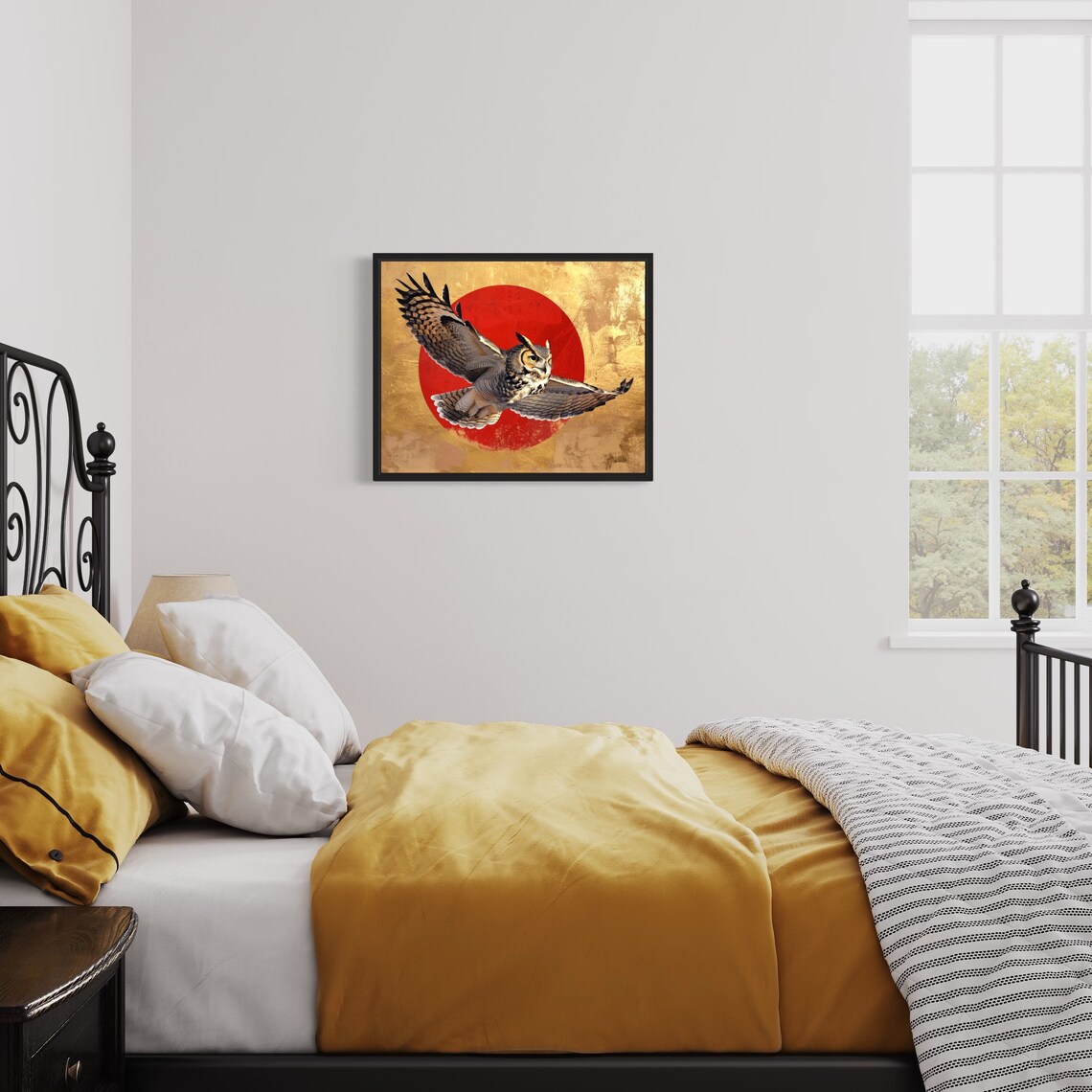 Great Horned Owl Soaring in Flight Against Red Sun Gold Poster - Image 3