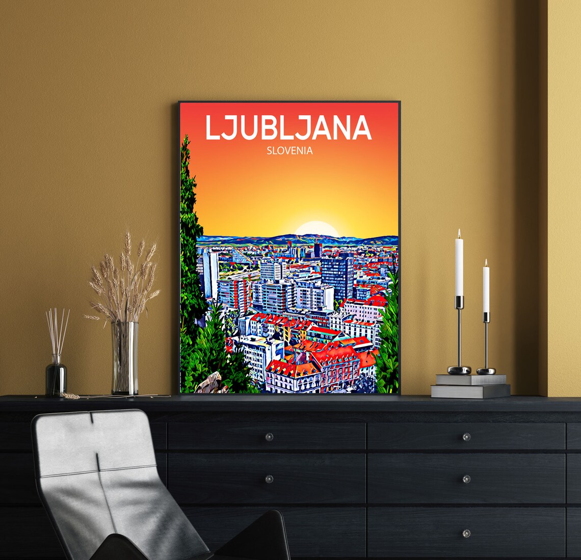Ljubljana Slovenia Sunset Skyline Vibrant Mosaic Cityscape Art Poster - Image 2