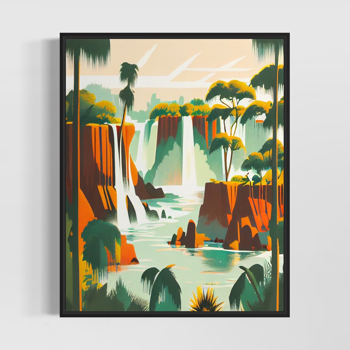 Iguazu Falls Waterfall Jungle Retro Travel Poster Vintage Illustration
