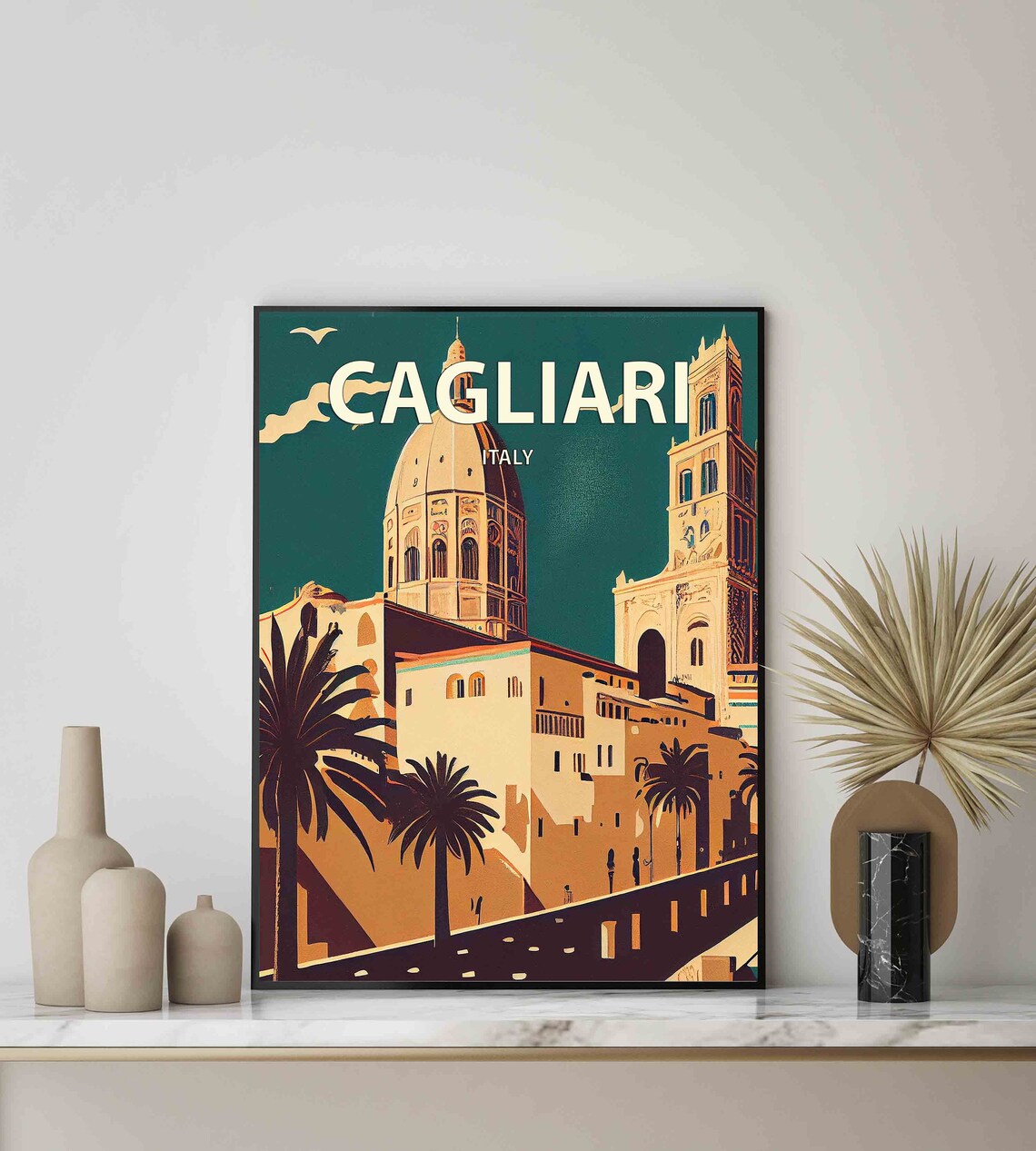 Cagliari Italy Cathedral Dome Palm Trees Retro Travel Art Poster - Image 2