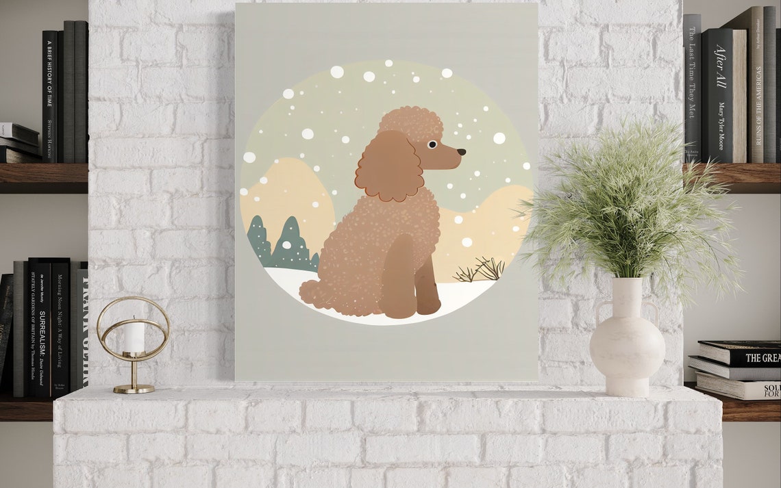 Curly Brown Poodle Sitting in Snowfall Winter Dog Art Poster - Image 3