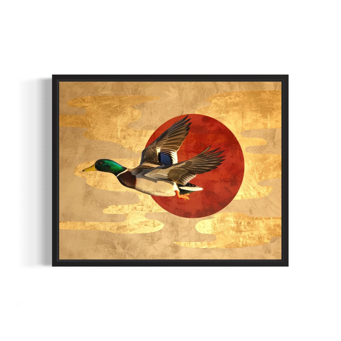 Mallard Duck in Flight Red Sun Gold Leaf Waterfowl Art Poster