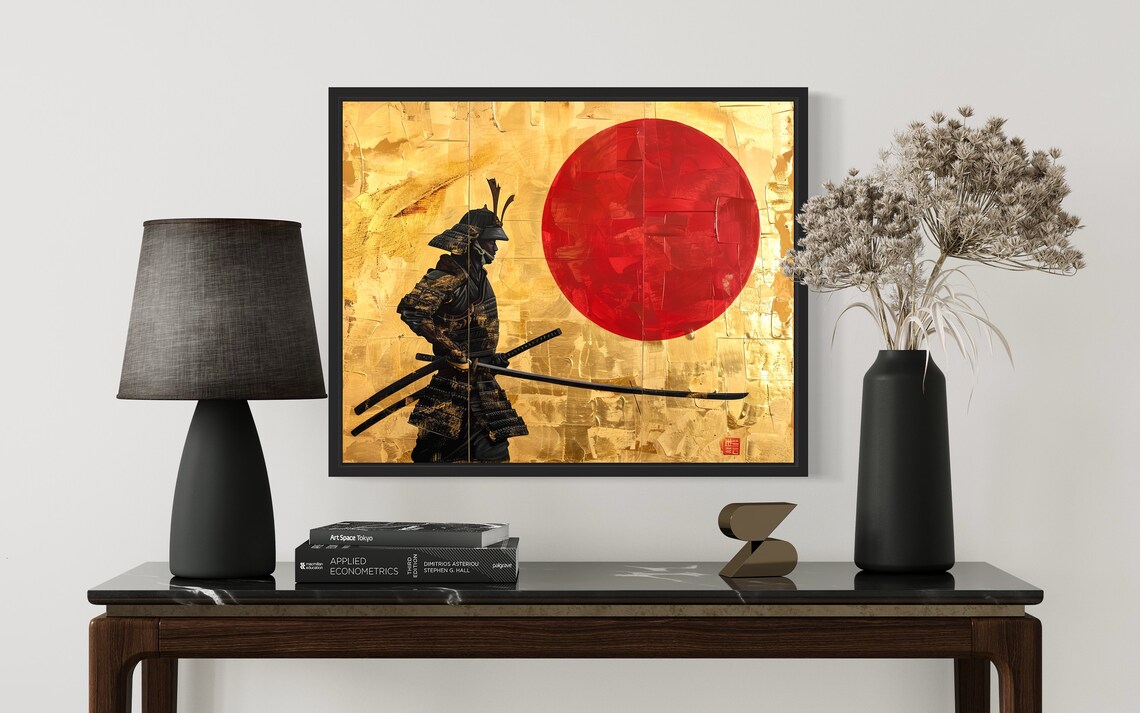 Samurai Warrior Red Sun Gold Leaf Japanese Style Warrior Wall Art - Image 2