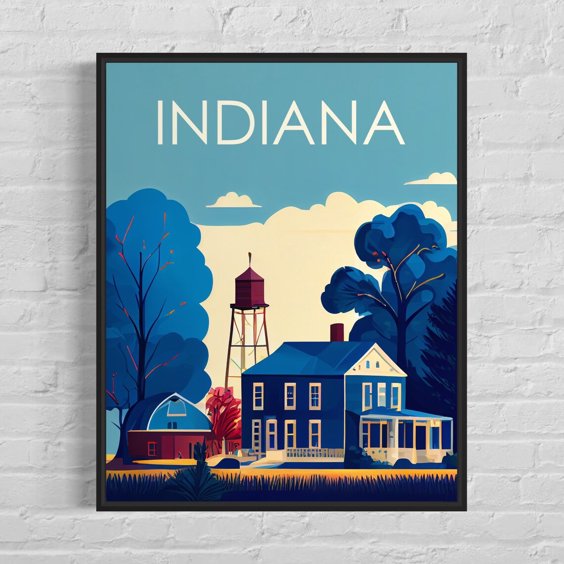 Indiana Countryside Farmhouse Water Tower Retro Travel Poster
