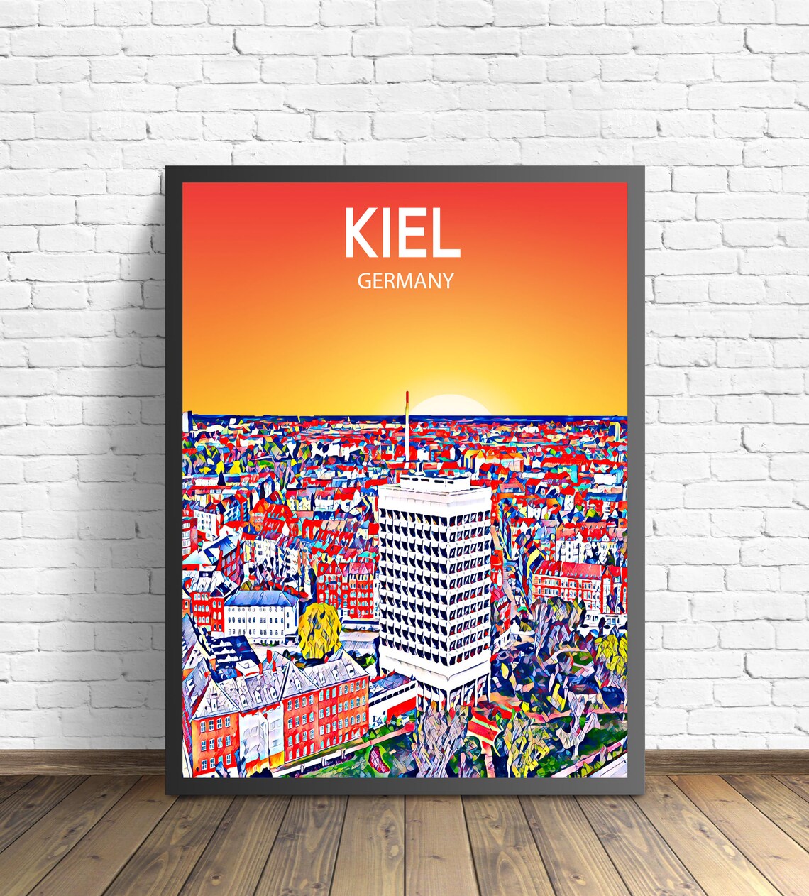 Colorful Kiel Germany Sunset Aerial Skyline City Sketch Poster