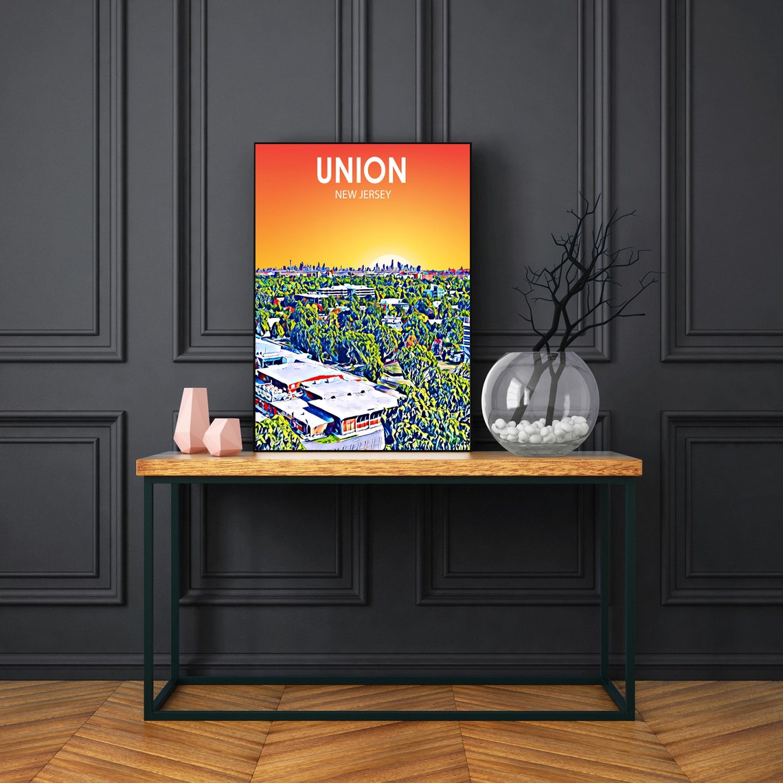 Union New Jersey Sunset Leafy Green Town Skyline Painted Art Poster - Image 3