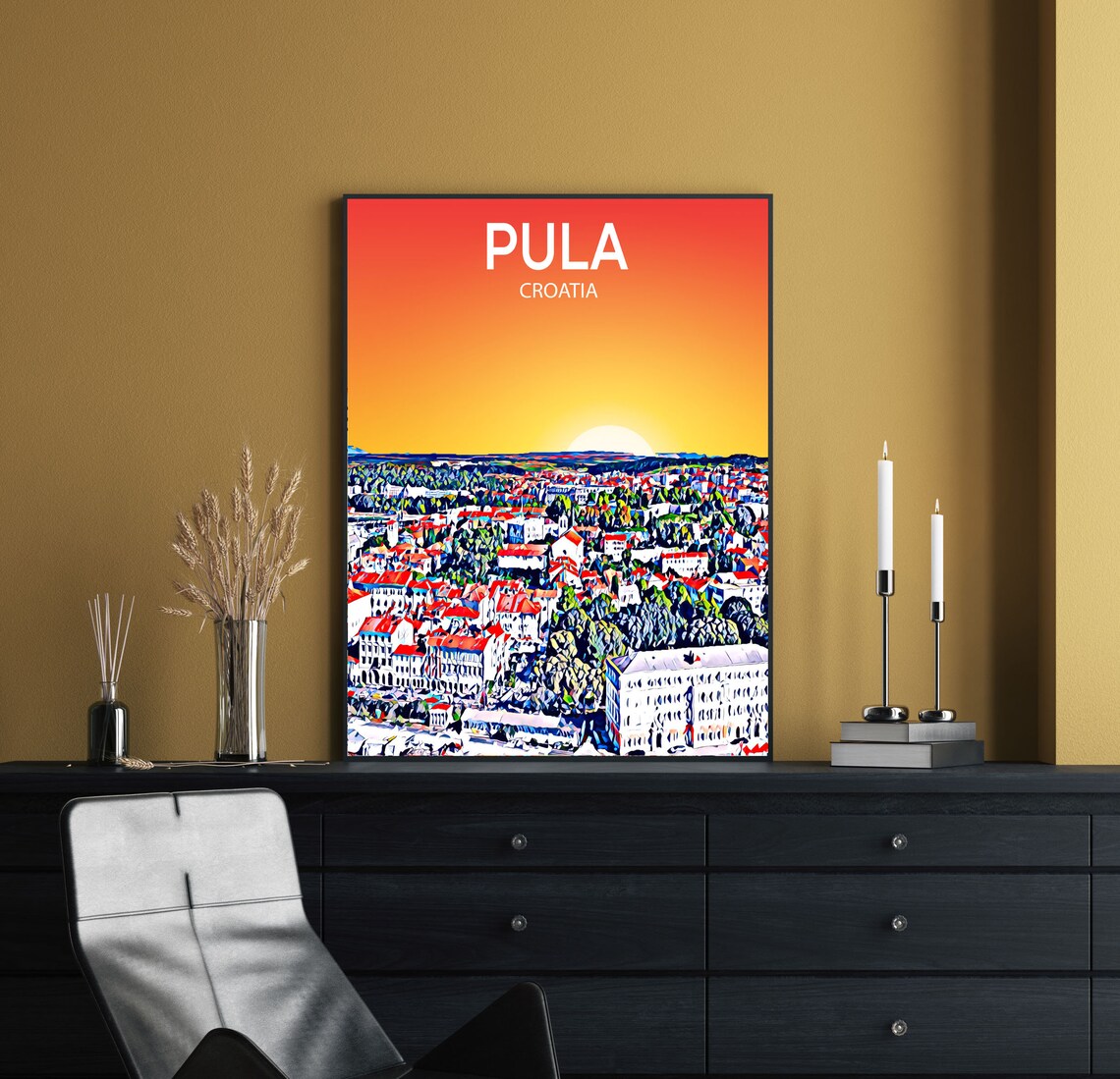 Pula Croatia Sunset Cityscape Red Roofs Istrian Coast Art Poster - Image 2