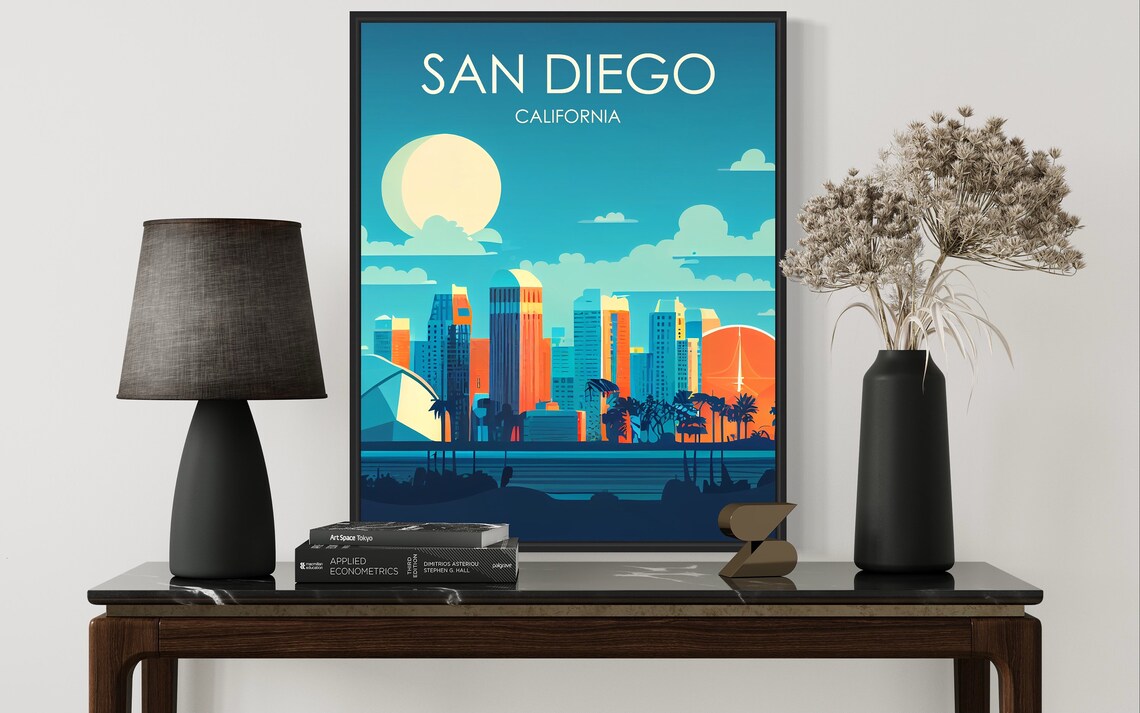 San Diego California Moonlit Downtown Skyline Night Travel Poster - Image 3