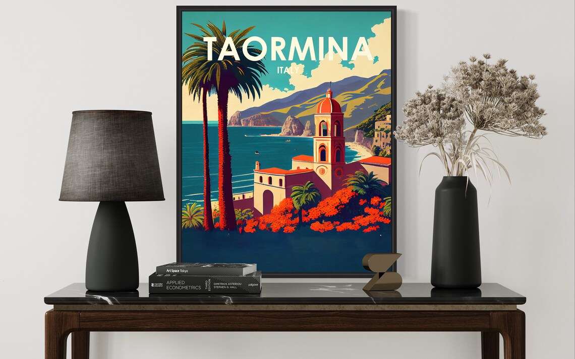 Taormina Sicily Italy Coastal Church Bell Tower Sea View Travel Poster - Image 2