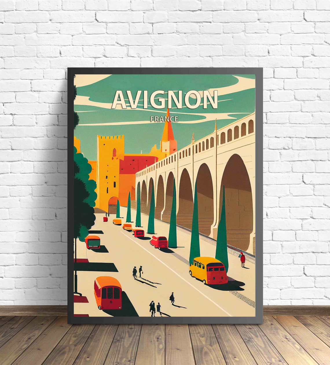Avignon France Retro Cityscape Vintage Red Bus Street Scene Poster