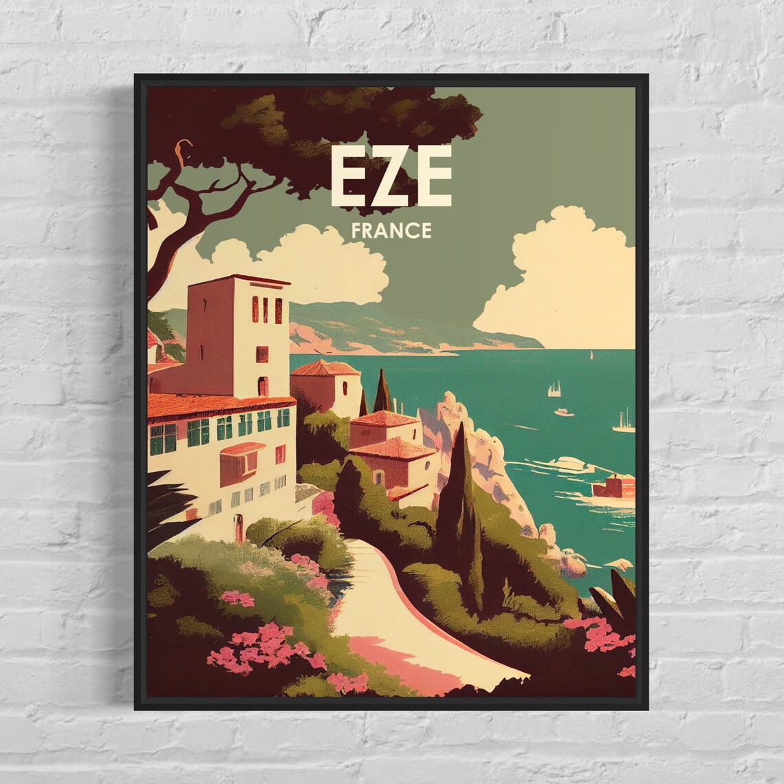 Eze France Riviera Village Coastal View Vintage Travel Poster