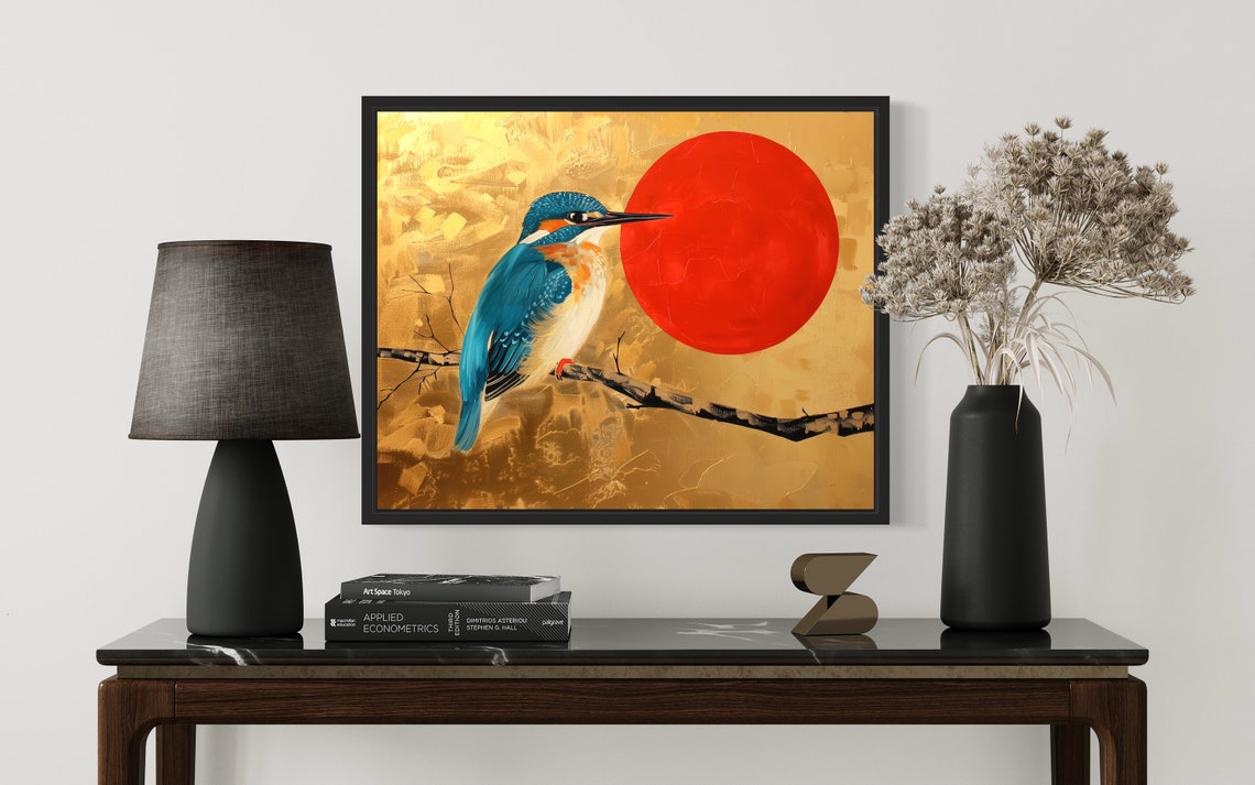 Kingfisher Perched by Red Sun Gold Leaf Branch Bird Art Poster - Image 2