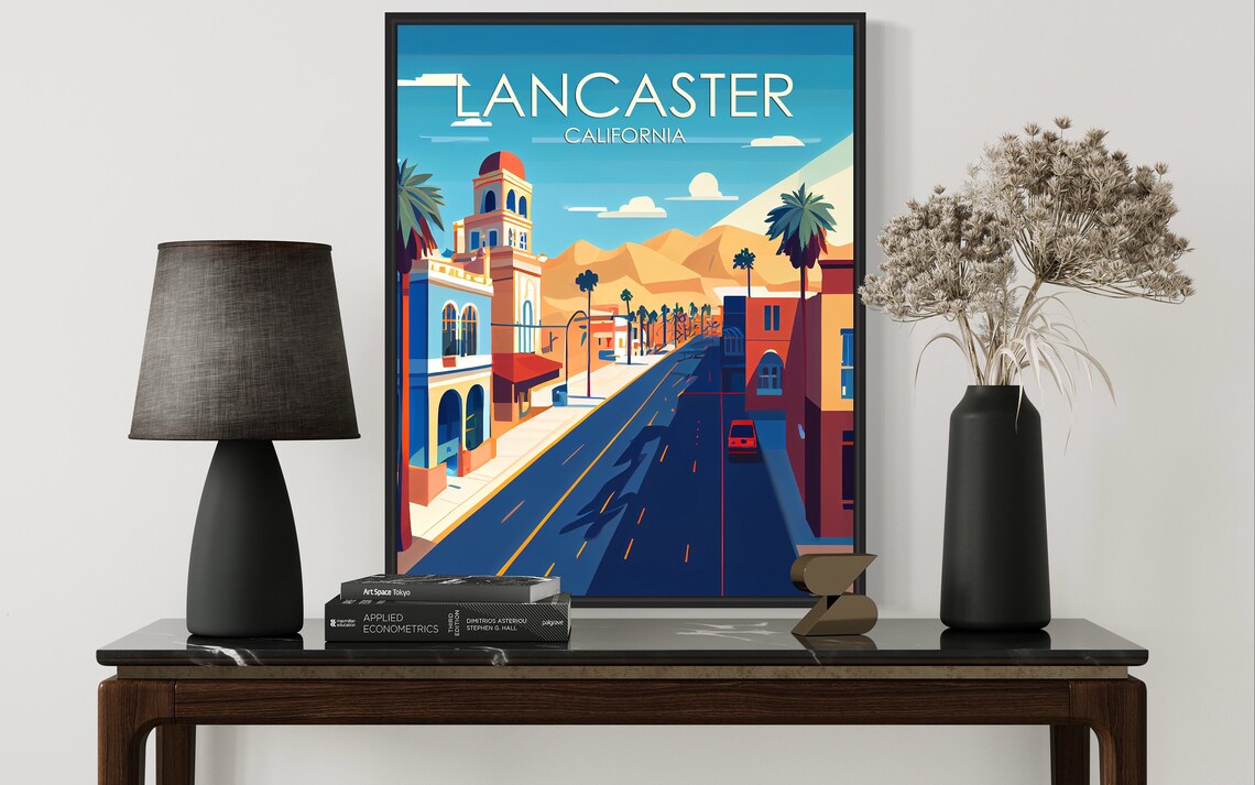 Lancaster California Downtown Street Palms Desert Mountains Poster - Image 3