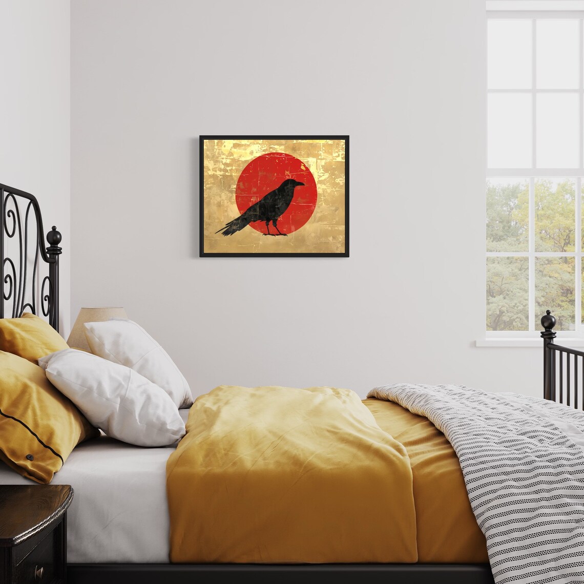 Black Crow Silhouette Perched Before Red Sun Asian Art Poster - Image 3