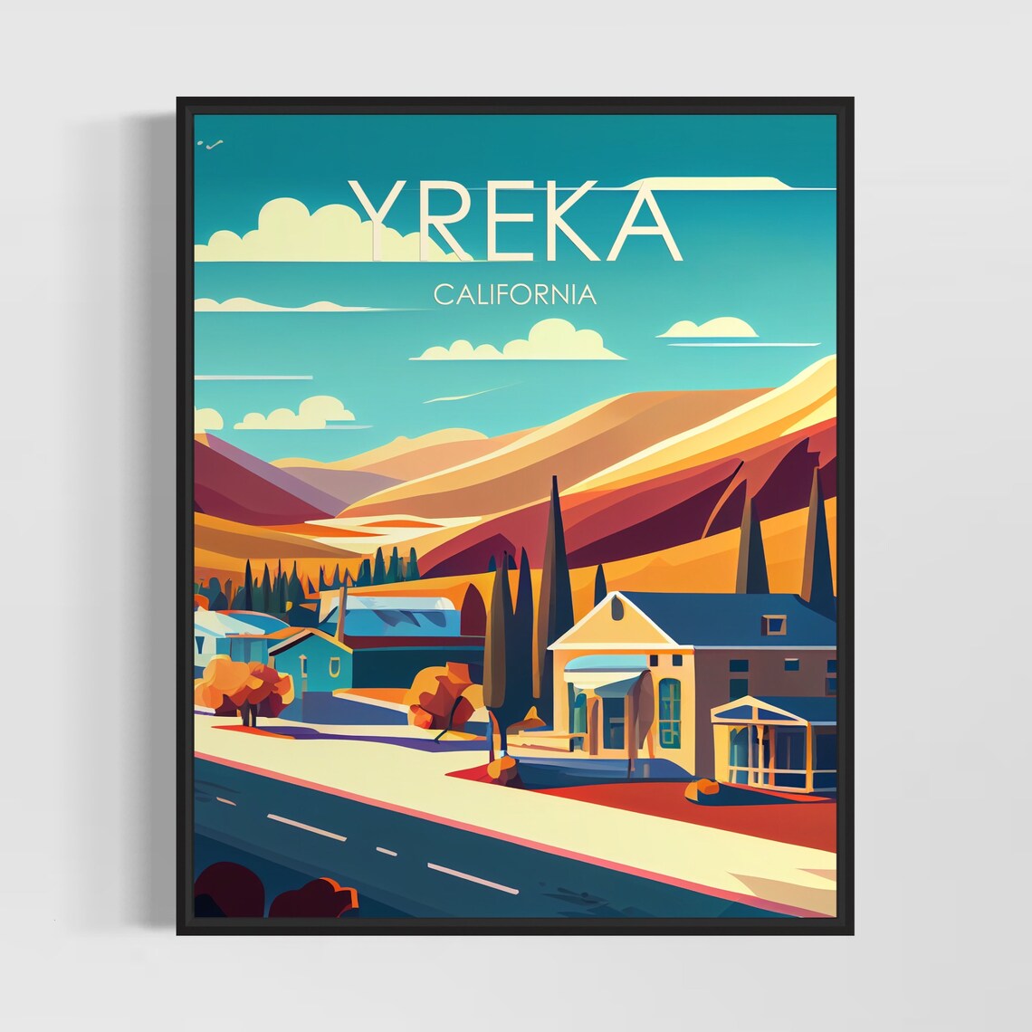 Yreka California Main Street Mountains Vintage Travel Poster