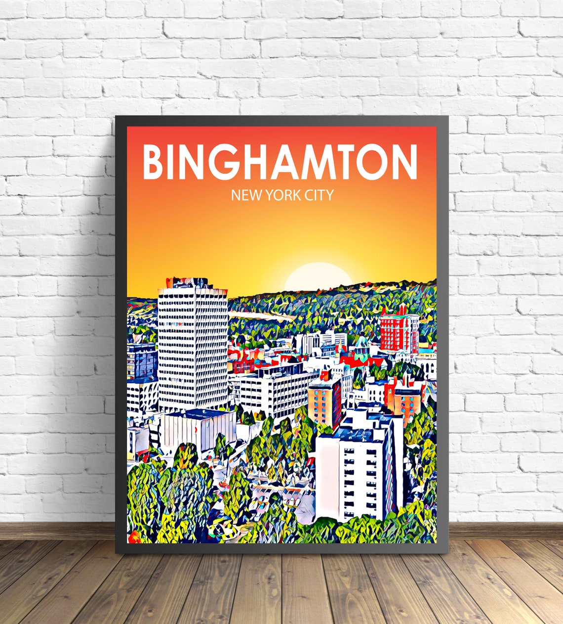 Binghamton New York City Sunset Downtown Colorful Skyline Poster