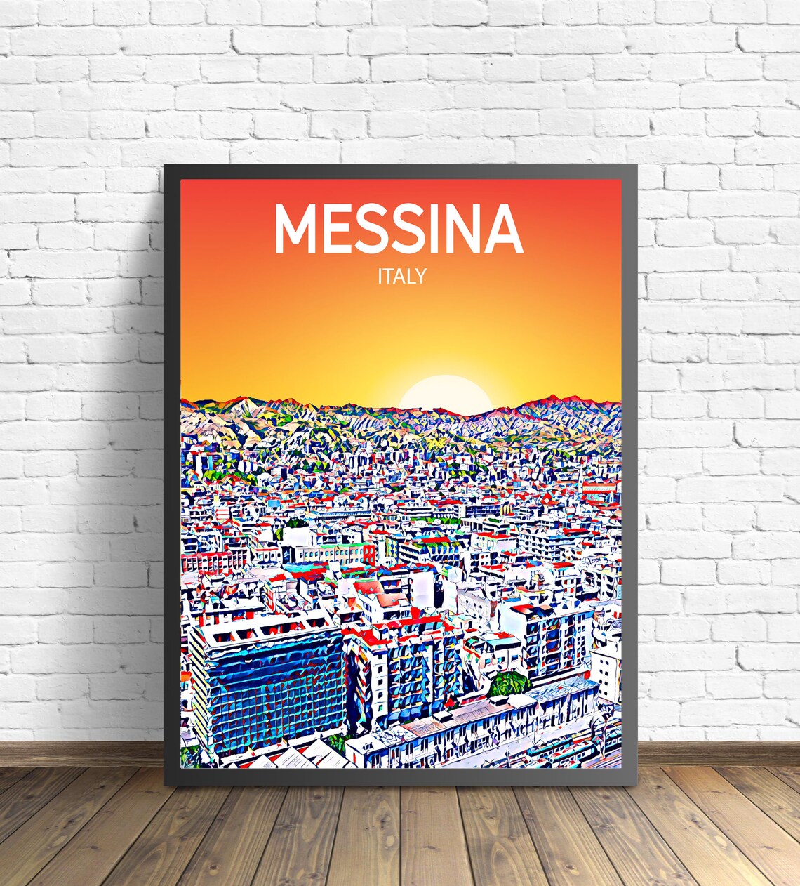 Messina Sicily Italy Harbor Sunset City Skyline Travel Poster