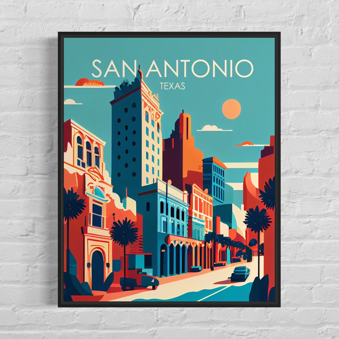 San Antonio Texas Downtown Street Historic Towers Sunset Travel Poster