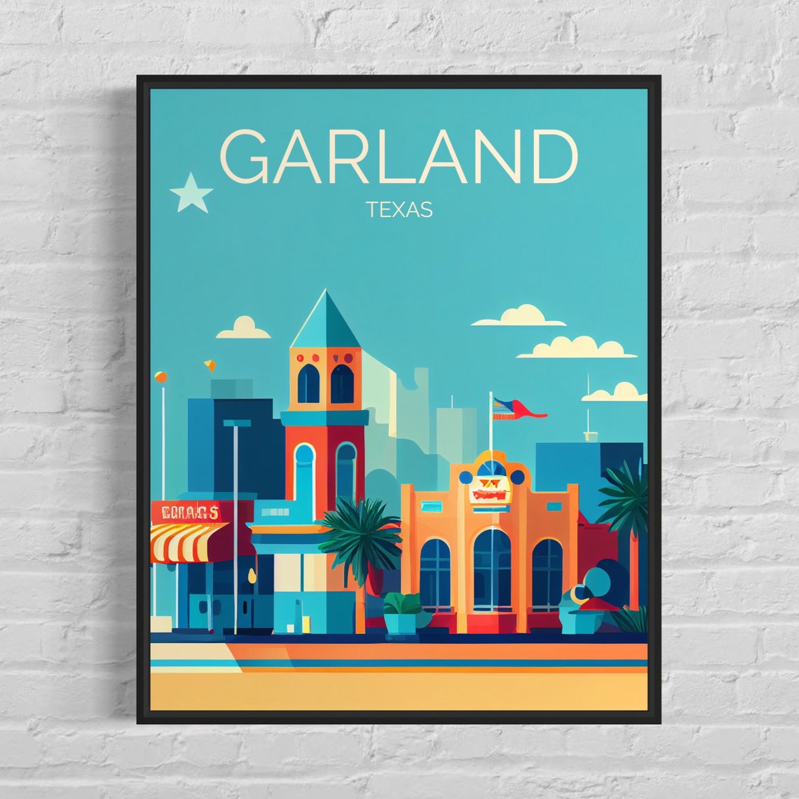 Garland Texas Downtown Clock Tower Retro Skyline Travel Poster