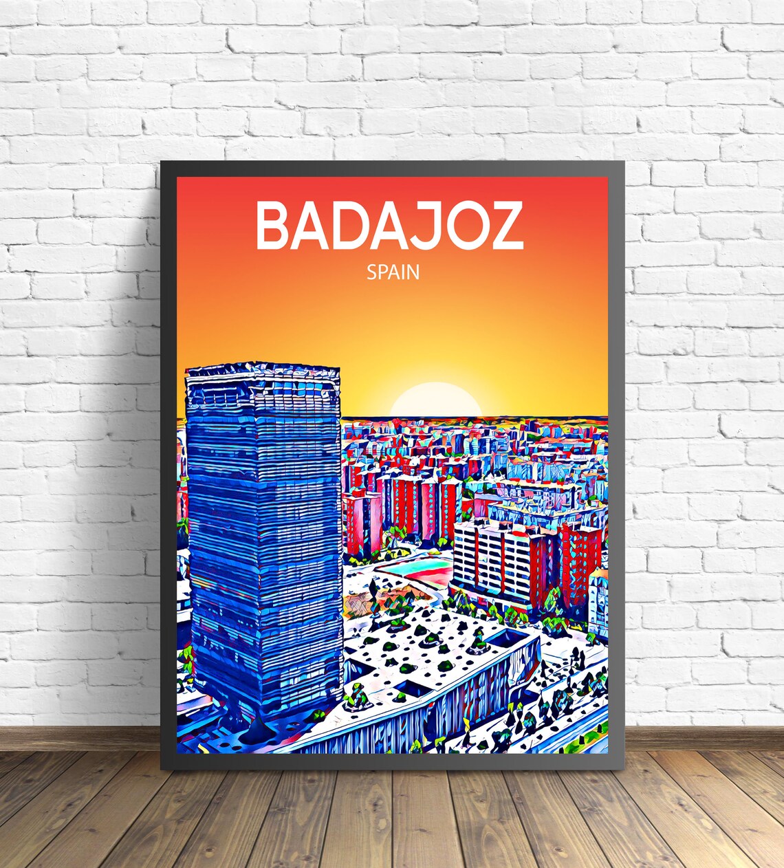 Badajoz Spain Sunset Skyline Blue Tower Cityscape Travel Poster