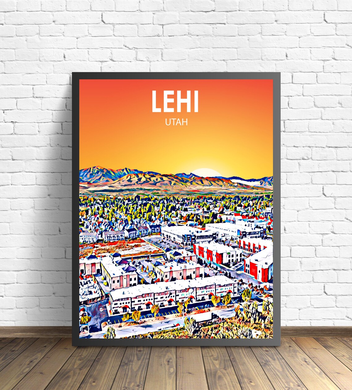Framed Lehi Utah Colorful Sunset Skyline City Travel Art Poster