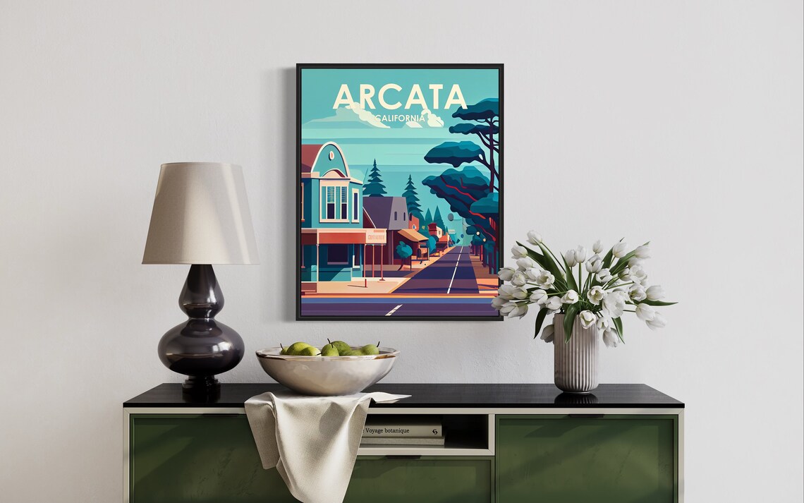 Arcata California Retro Main Street Tall Redwoods Evening Poster - Image 2